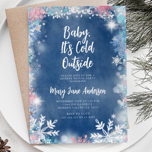 Pink & Blue Snowflakes Christmas Gender Reveal Invitation (Creator Uploaded)