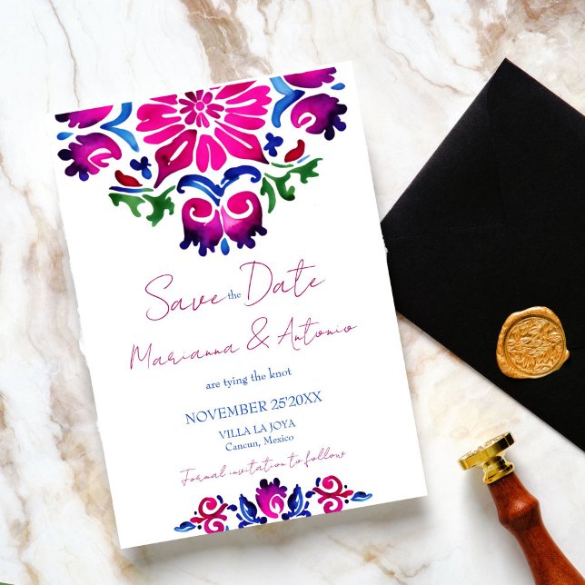 Pink blue Spanish Talavera tiles wedding Save The Date (Pink blue Spanish Talavera tiles wedding Save The Date Bold colorful save the date whimsical casual)