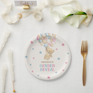 Pink Blue Stars Balloon & Bear Gender Reveal Decor Paper Plate