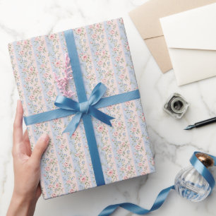 Pink Blue Striped Floral Roses Grandmillennial Wrapping Paper