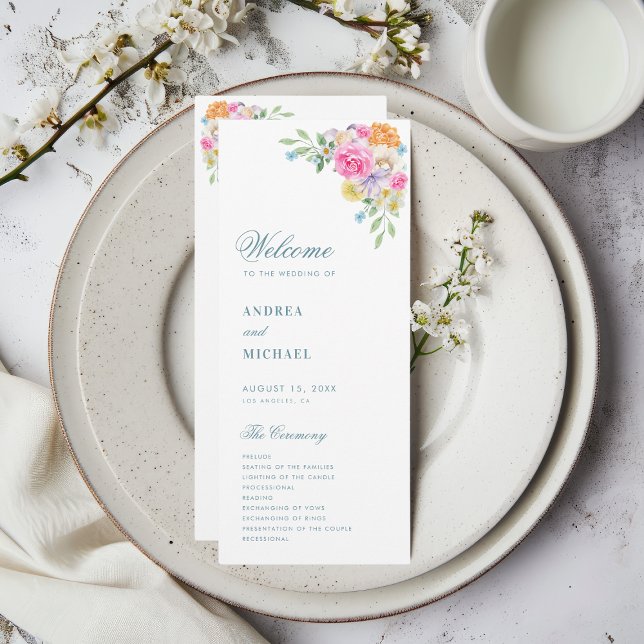 Pink Blue Summer Floral Vibrant Bloom Wedding Programme (Creator Uploaded)