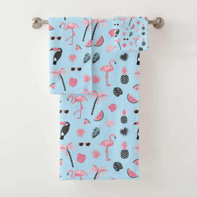 Pink & Blue Summer Tropical Pattern Bath Towel Set (Insitu)