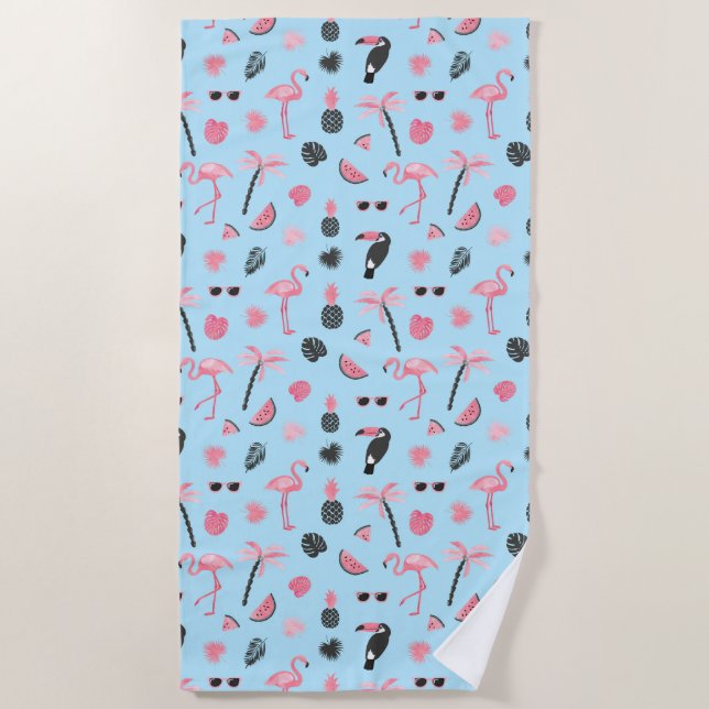 Pink & Blue Summer Tropical Pattern Beach Towel (Front)
