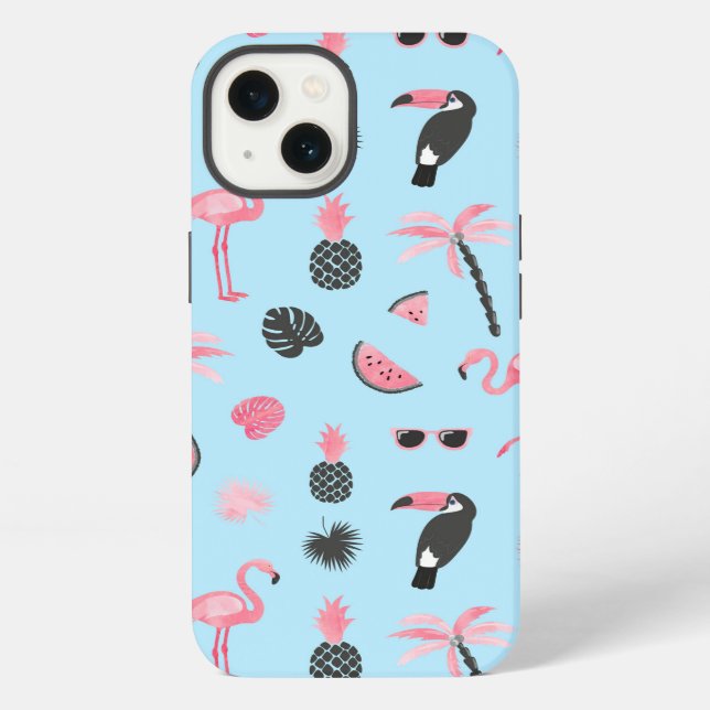 Pink & Blue Summer Tropical Pattern iPhone Case (Back)