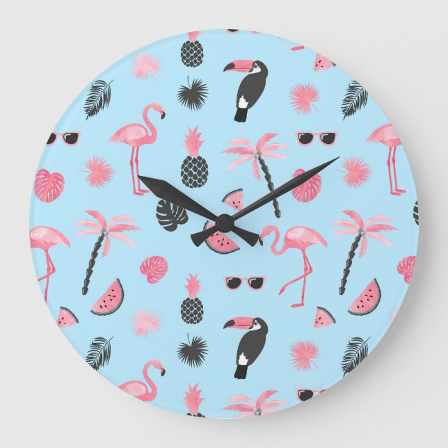 Pink & Blue Summer Tropical Pattern Large Clock (Front)