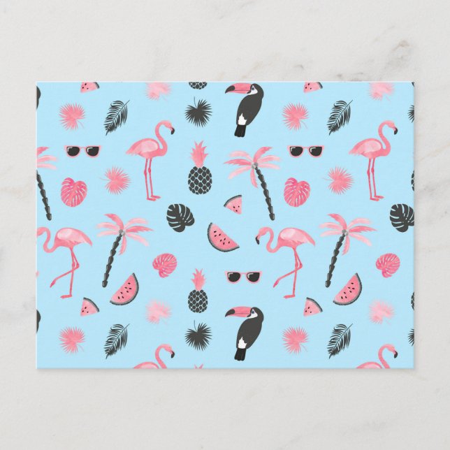 Pink & Blue Summer Tropical Pattern Postcard (Front)
