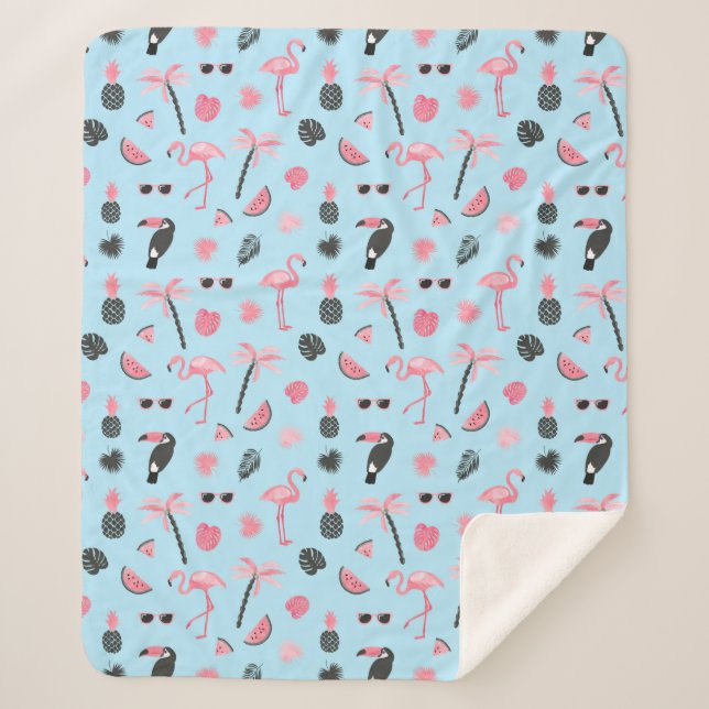 Pink & Blue Summer Tropical Pattern Sherpa Blanket (Front)