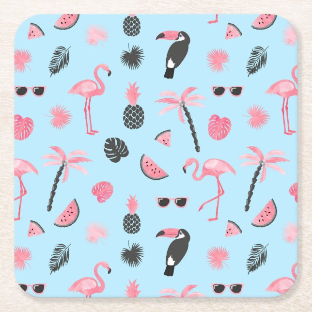Pink & Blue Summer Tropical Pattern Square Paper Coaster (Front)