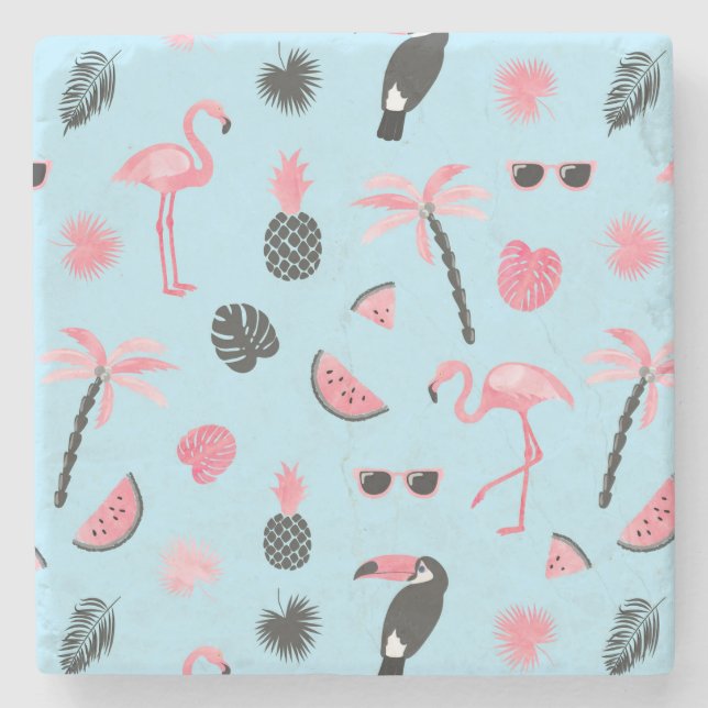 Pink & Blue Summer Tropical Pattern Stone Coaster (Front)