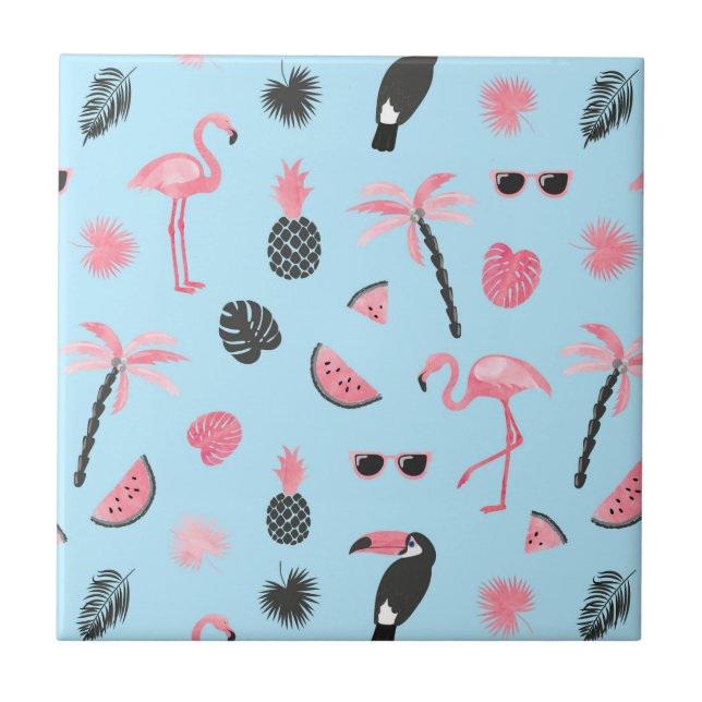 Pink & Blue Summer Tropical Pattern Tile (Front)