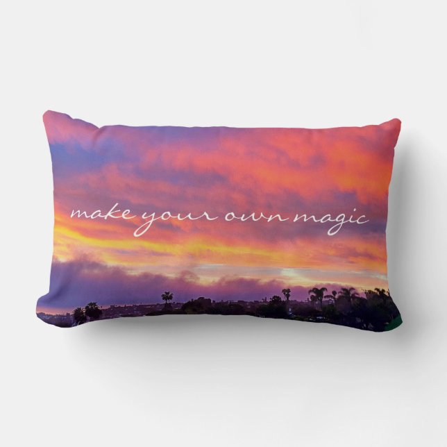 Pink Blue Sunset Photo Make Your Own Magic Quote Lumbar Cushion (Front)
