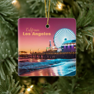 Pink & Blue Sunset Santa Monica Pier Los Angeles Ceramic Ornament