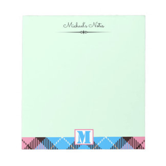 Pink Blue Tartan Personalised Script Monogram Name Notepad