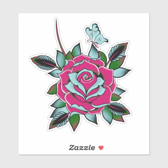 Pink Blue Tattoo Rose Skull Butterfly (Sheet)
