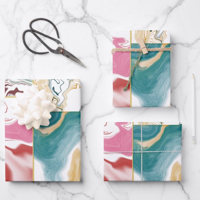 Pink blue teal gold retro Abstract marble pattern Wrapping Paper Sheet (Front)