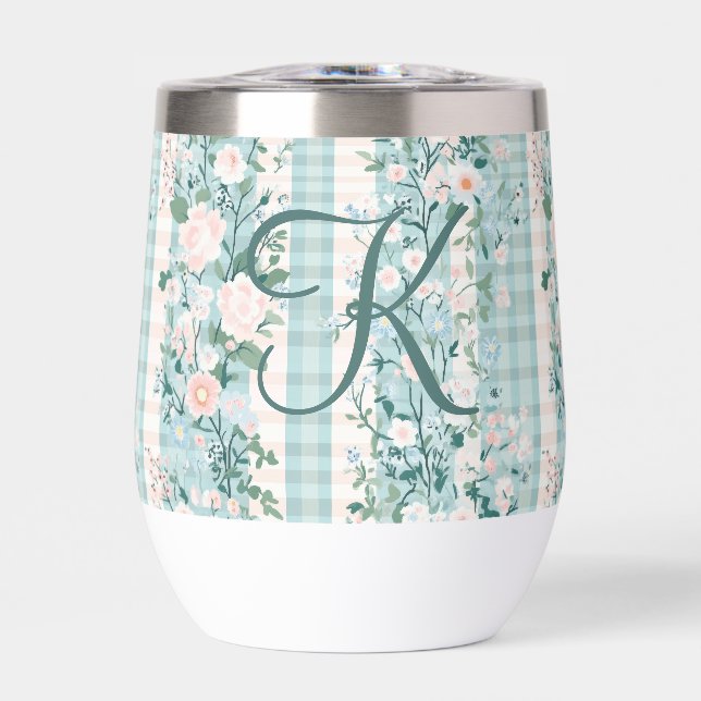 Pink Blue Teal Monogram Initial Gingham Gift Her (Front)