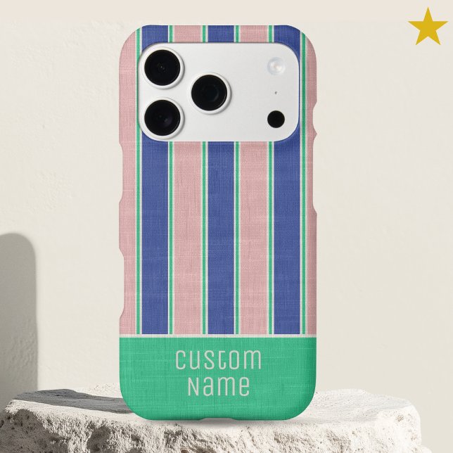 Pink Blue Teal Preppy Bold Stripes Custom Name  (Creator Uploaded)