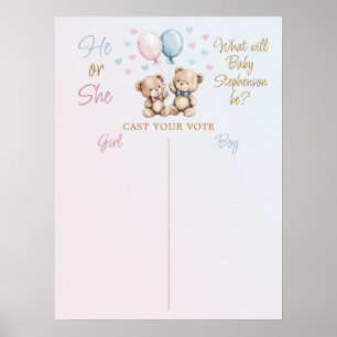 Pink Blue Teddy Bears He or She Voting Game Poster