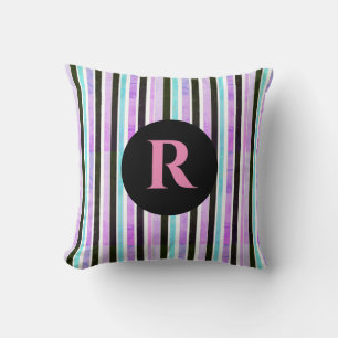 Pink Blue Texture Stripes Pattern Monogrammed Cushion