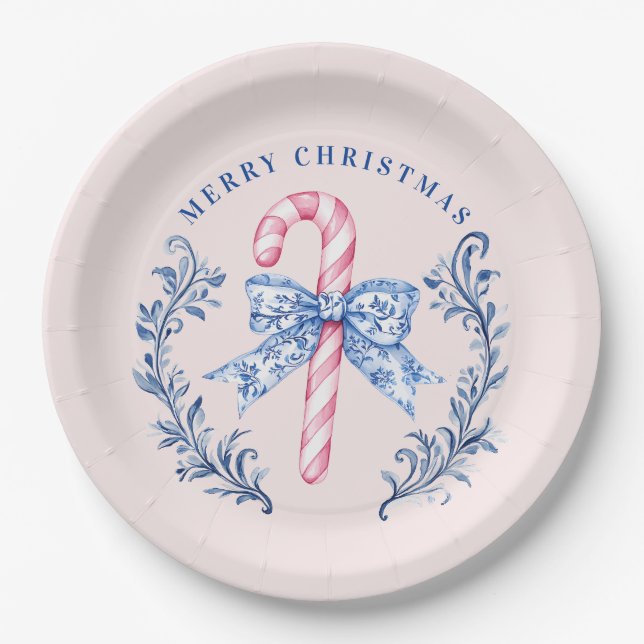 Pink & Blue Toile Crest Candy Cane Paper Plate (Front)