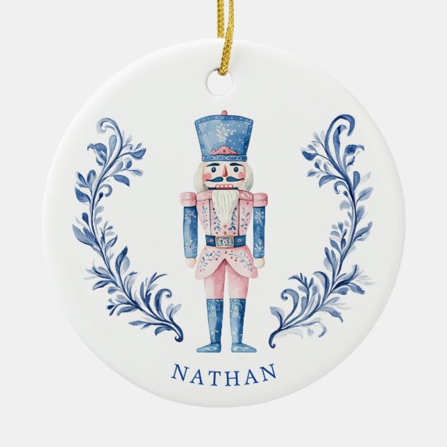 Pink & Blue Toile Crest Nutcracker Ceramic Tree Decoration (Front)