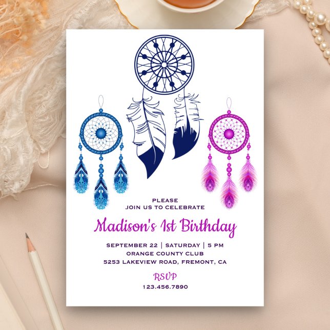 Pink Blue Tribal Boho Dream Catcher Birthday Party Invitation (Creator Uploaded)