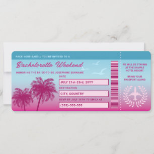 Pink Blue Tropical Bachelorette Trip Boarding Pass Invitation