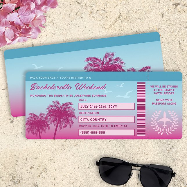Pink Blue Tropical Bachelorette Trip Boarding Pass Invitation (Creator Uploaded)