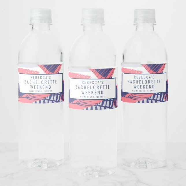 Pink Blue Tropical Bachelorette Weekend Getaway Water Bottle Label (Bottles)