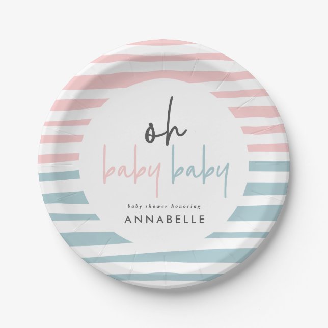 pink blue twin baby shower typography modern paper paper plate (Front)