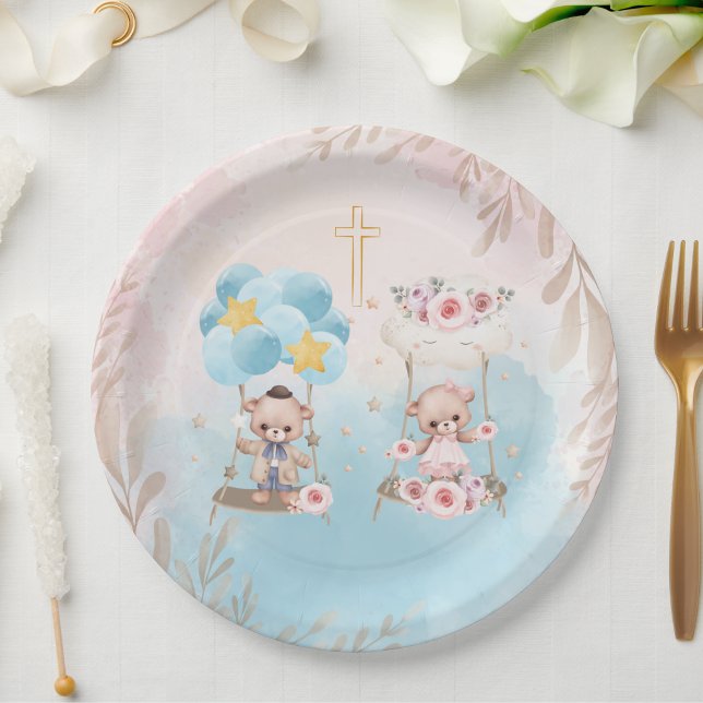 Pink & Blue Twin Teddy Bears on Swing Gold Cross  Paper Plate (Creator Uploaded)