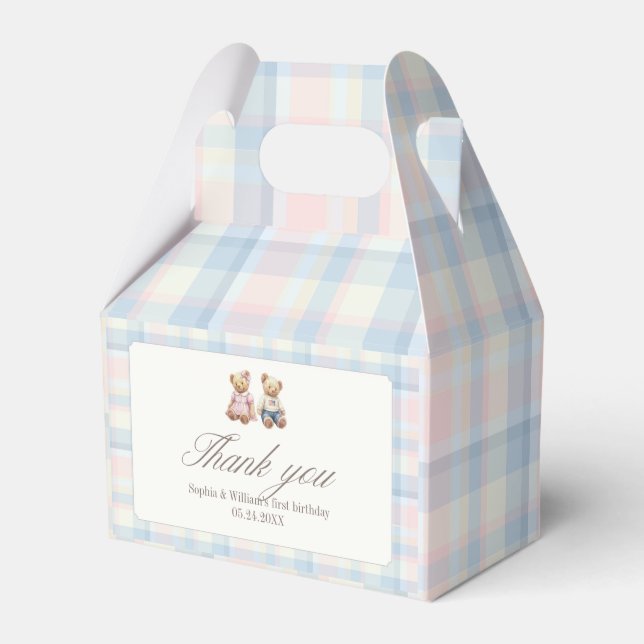 Pink Blue Twins Beary First Birthday Favour Box (Front Side)
