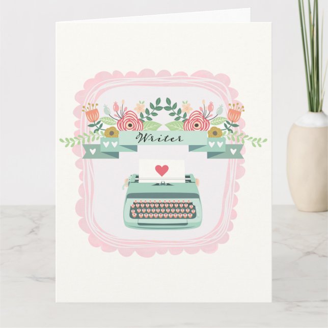 Pink & Blue Typewriter, Writer, Author, Greeting Card (Front)