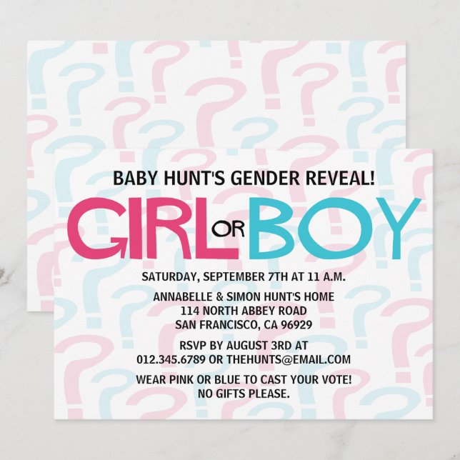 Pink & Blue Typography Gender Reveal Party Invitation (Front/Back)