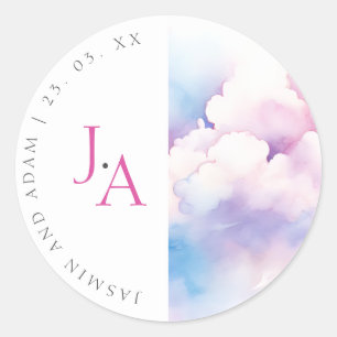 Pink Blue Watercolor Clouds Monogram Wedding Classic Round Sticker