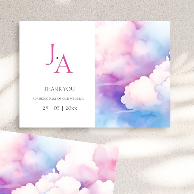 Pink Blue Watercolor Clouds Wedding Thank You (Pink Blue White Clouds Monogram Wedding Thank You)