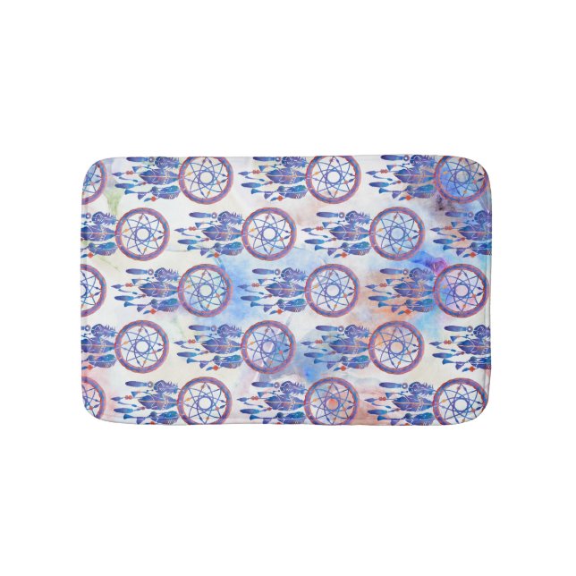 Pink Blue Watercolor Dreamcatcher Modern Boho Bath Mat (Front)
