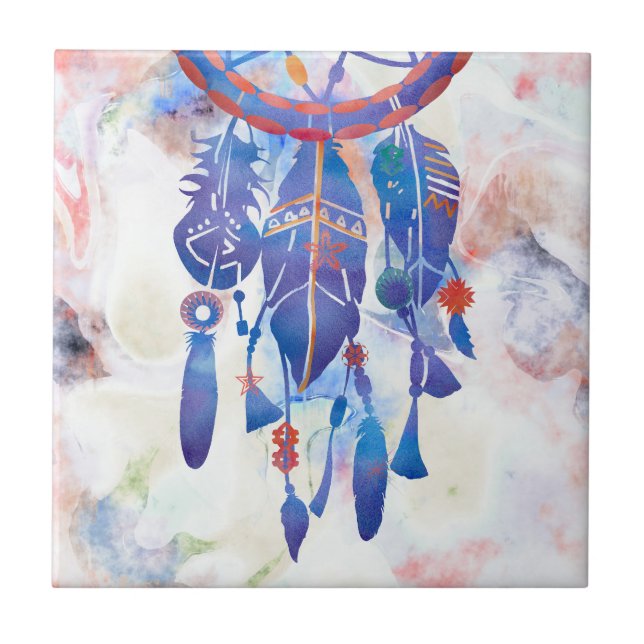 Pink Blue Watercolor Dreamcatcher  Modern Boho Tile (Front)