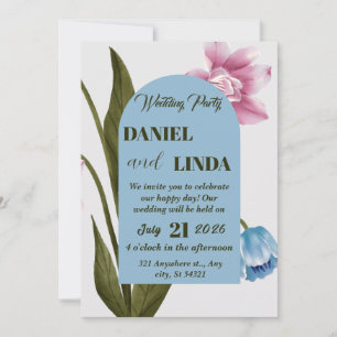 Pink,blue watercolor flower wedding,green leaves invitation
