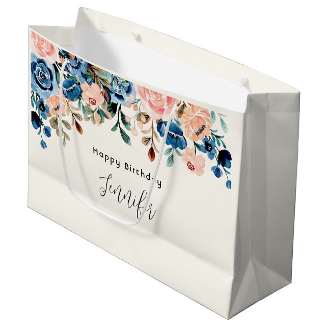 Pink & Blue Watercolor Flowers Birthday Large Gift Bag (Front Angled)