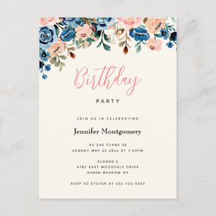 Pink & Blue Watercolor Flowers Birthday Party Invitation Postcard