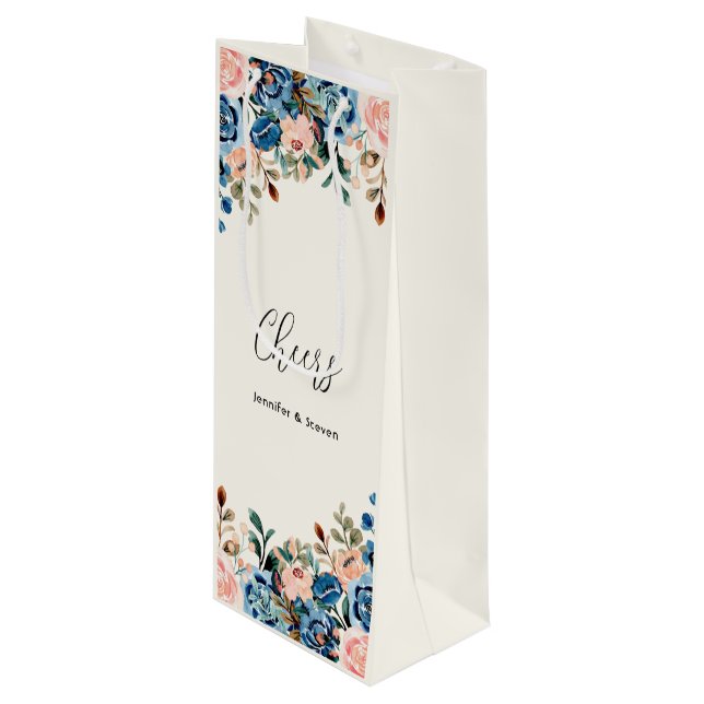 Pink & Blue Watercolor Flowers Cheers! Wine Gift Bag (Front Angled)