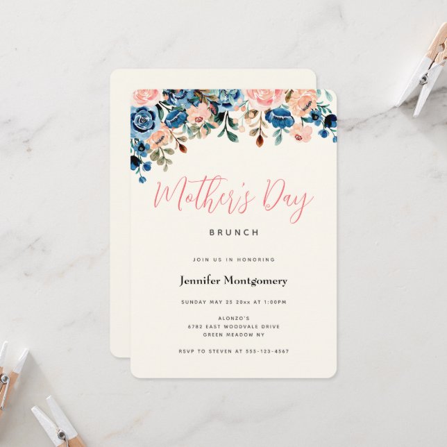 Pink & Blue Watercolor Flowers Mother's Day Brunch Invitation (Front/Back In Situ)