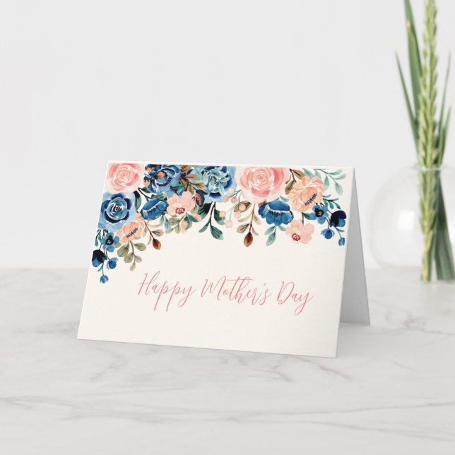 Pink & Blue Watercolor Flowers Mother's Day Card (Front)