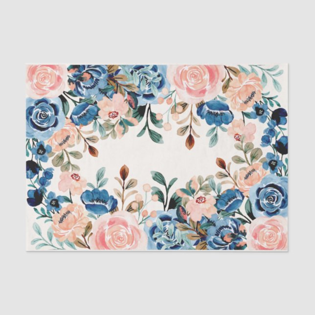 Pink & Blue Watercolor Flowers Tissue Paper (Front)