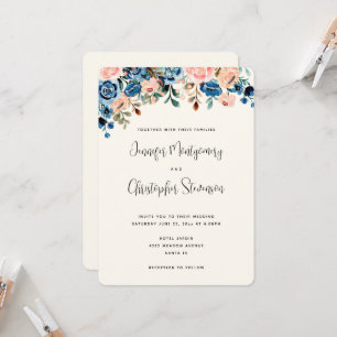 Pink & Blue Watercolor Flowers Wedding Invitation