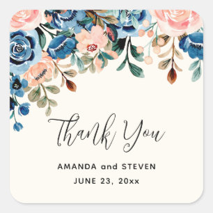 Pink & Blue Watercolor Flowers Wedding Thank You Square Sticker