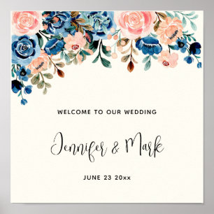 Pink & Blue Watercolor Flowers Wedding Welcome Poster