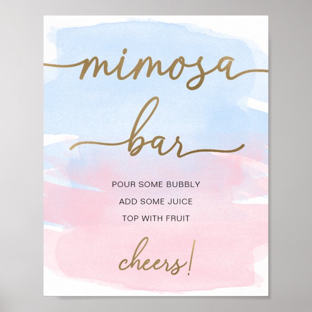 Pink Blue Watercolor Gold Mimosa Bar Sign (Front)