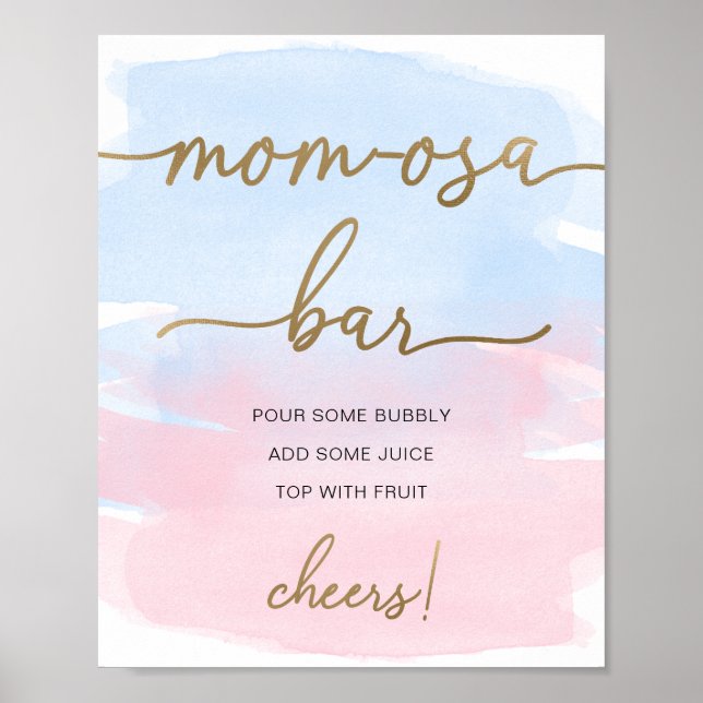 Pink Blue Watercolor Gold Mum-osa Bar Sign (Front)